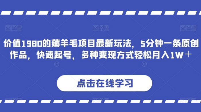 价值 1980 的薅羊毛项目，最新玩法，5 分钟一条原创作品，快速起号，多种变现方式轻松月入 1W+ - 项目资源网
