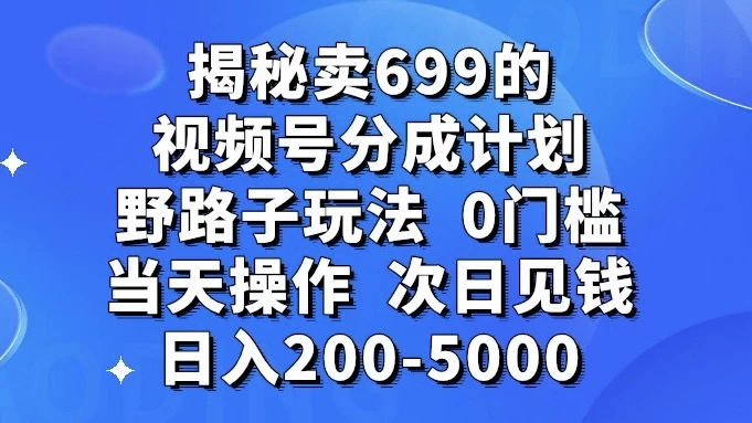 揭秘卖 699 的视频号分成计划野路子玩法，日入 200-5000，0 门槛，当天操作，次日见钱CityMate项目资源网项目资源网