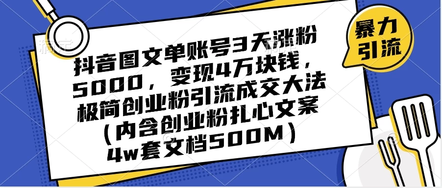 抖音图文单账号 3 天涨粉 5000,变现 4 W,极简创业粉引流成交大法(内含扎心文案) - 项目资源网